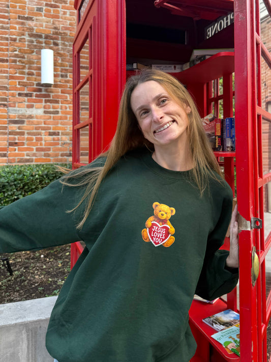Jesus Loves You Teddy Crewneck | Forest green