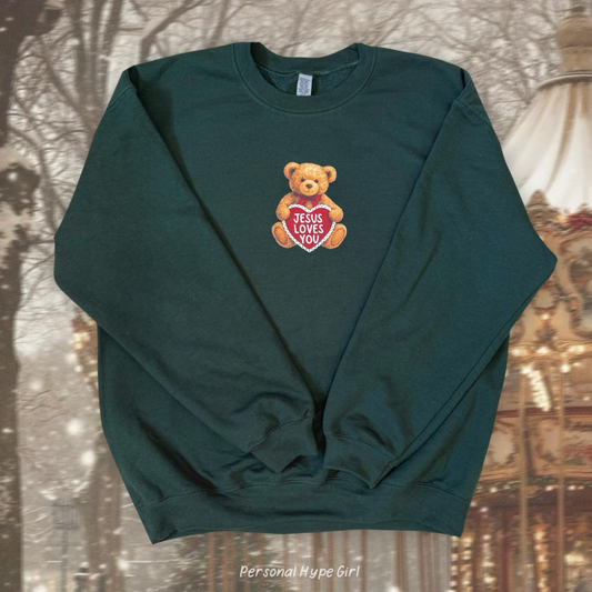 Jesus Loves You Teddy Crewneck | Forest green