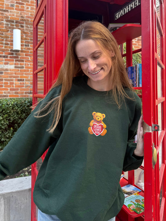 Jesus Loves You Teddy Crewneck | Forest green